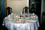 Empty Table Setting, Chairs, Plates, Cups, Table Cloth, Dining Room, 1940s