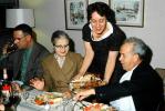 Woman, Serving, Smiles, Formal, Eating, Men, women, feast, Thanksgiving dinner, 1950s