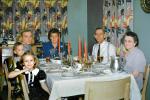 Dinner, woman, man, table setting, plates, candles, girl, boy, curtains, 1940s, FDNV03P03_08