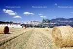 Hay, Bales, rolled, hills, buildings, clouds, FMEV01P06_05