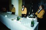Champagne Bottles, empty glasses, waiters, men, male, bowtie