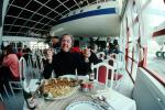 My buddy Don, beer, fish, fries, plate, table, HA-MOI, Malev Il-18D, Elvis Park restaurant in Abda, near Gyor, FRBV04P01_15