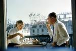 Woman, Mn, Breakfast, Porch, Balcony, suit and tie, 1950s, FRBV08P13_17
