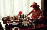 Formal Lunch. Woman, Table Cloth, setting, glassware, plates, Hat, FRBV09P02_15