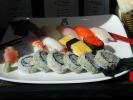sushi, chopsticks, ginger, saki bottle, plate, platter, ebi, ikura, octopus, wasabi, FTDV01P06_10
