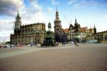 buildings, Reconstruction, cranes, horse statue, bus, The Hofkirche, Dresden Cathedral, or the Cathedral of the Holy Trinity, Tower, landmark, Roman Catholic Cathedral, Dresden