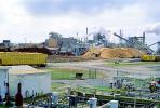 Smoke, Air Pollution, soot, Pulp Mill, sawdust mounds, buildings, Conveyer Belt