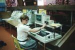 Girl, Student, High School, Library Study, Macintosh Computer, monitor, printer, Apple IIC, Floppy Drive, KEDV01P05_02