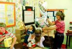 balloons, lunchpail, wallpaper, girls, boy, woman, Students in a Classroom