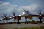 Tupolev Tu-95 preparing for take-off, spinning propellers, radome