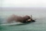 Smokey Polluting USS Coral Sea, CV-43, USN, Midway-class aircraft carrier, 12 August 1982