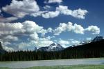 Mountains, Sky, trees, Bow Lake, river, puffy clouds, cumulus, water