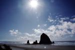 Rock, Outcrops, Pacific Ocean, Waves, landmark, sun, Cannon Beach, Oregon, Haystack Rock