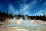 steam, trees, clouds, whispy cirrus, Hot Spring, Geothermal Feature, activity