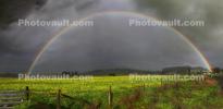 Full Rainbow, Yellow Flower Fields, hills, clouds, Panorama, NPND03_286