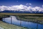 Sierra-Nevada Mountain Range, clouds, creek, fence, river, water, fields