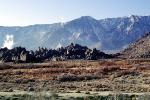 Rocks, Boulders, Creosote Bush, shrub, Mountain Range, snow, Owens Valley, NPSV04P07_03