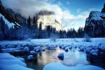 Yosemite Valley in the Winter, El Capitan, Smooth Snow Covered Rocks, Merced River, Snowy Trees, Valley, Forest, Winter, Granite Cliff, NPYV02P04_02
