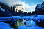 Yosemite Valley in the Winter, El Capitan, Merced River, Smooth Snow Covered Rocks, Snowy Trees, Valley, Forest, Winter, Granite Cliff