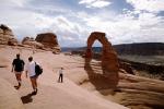 Delicate Arch, Stone, Rock, Clouds, people, hikers, Arches National Park, geologic feature, geoform