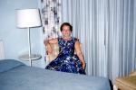 Hotel Room Party, Woman, Bed, Drapes, Lamp, dress, formal, lampshade