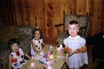 Little Girls' Birthday Party, wood paneling, presents, hats, cute, funny