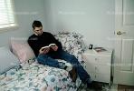 Man, Reading Book, Bed, Pillow