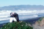 Man sitting with the weight of it all, Ocean Beach, Marin County, waves, coastal, coast, shoreline, seaside, coastline, Ocean-Beach, pickleweed