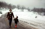 Walking down the Snowy Street, Father, Daughter, girl, boots, snow, ice, cold, 1950s