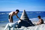 Beach, Father, Son, Cone Sand Castle, Spiral, Ocean, Water, Poodle, October 1965, 1960s, PCTV01P01_10
