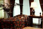 Bed, Sheet, Curtains, Lamp, Palm Tree, Night Table