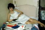 Woman, Slip, Lingerie, Reading books, 1950s