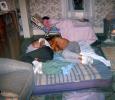 Man, Woman, Bed, Blankets, Sleeping, inflatable mattress, Table, Wallpaper