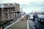 building construction, sidewalk, cars, Bangkok, Thailand, October 1962, 1960s, PDCV01P12_01