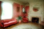 Fireplace, Mirror, chair, sofa, carpet, rug, lights, Burklyn Hall, Burke, Vermont, 1978, 1970s, PDFV01P01_16