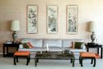 sofa, oriental motif, Furniture, lamps, artwork, coffee table, pillows, 1960s, PDFV01P03_18