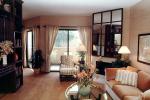 Sofa, Lamps, Curtains, Mirror, flower arrangements, pillows, fireplace, PDFV01P04_08