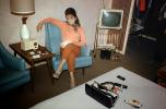 Mod Woman Sitting, Purse, Television, Radio, chair, furniture, 1960s, PDFV02P13_04