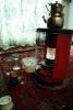 teapot on a heater stove, rug, curtains, PDKV01P05_14