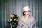 Bernice Hemphill in a Fur Coat, Hat, Elegant, flowers, curtain, 1960s, PFAV07P10_05