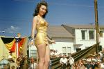 lady with a golden swimsuit, Pacific Beach Swimsuit Contest, California, 1947, 1940s