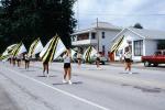 Marching Band, girls, shorts, flags, houses, Tiro-Auburn, Ohio, July 1983, 1980s, PFPV07P04_09