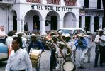 Marching Band, Tuba, Trumpet, building, Hotel Real de Tasco, Mexico, May 1958, PFPV07P10_05