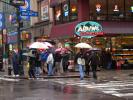 Alpine Gourmet Farm, Sidewalk, Crosswalk, Rain, Umbrellas, Corner Market, New York City