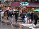 Alpine Gourmet Farm, Sidewalk, Crosswalk, Rain, Umbrellas, Corner Market, springtime, PFSD01_072