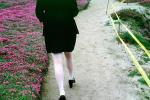 woman, walking, stockings, path, skirt
