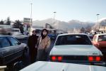 Woman, Crowded Street, Mountains, Cars, automobile, vehicles