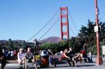 South Tower, benches, people sitting, Golden Gate Bridge