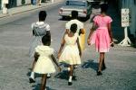 Girls crossing the Street, dress, walking, dresses, formal dress, Ford Falcon, Cars, Automobile, Vehicles, May 1965, 1960s, PFSV08P03_14B