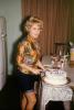 Birthday Cake, girl, woman, table, shorts, flowery shirt, October 1962, 1960s, PHBV01P02_06